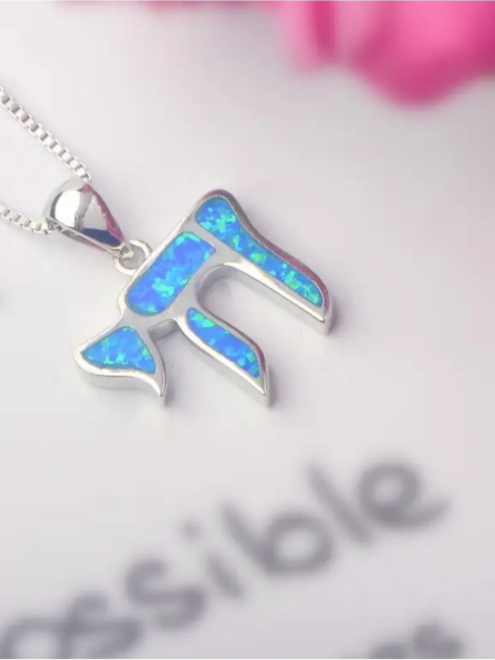 Silver Plated Copper Hebrew Chai Necklace with Synthetic Blue Opal!